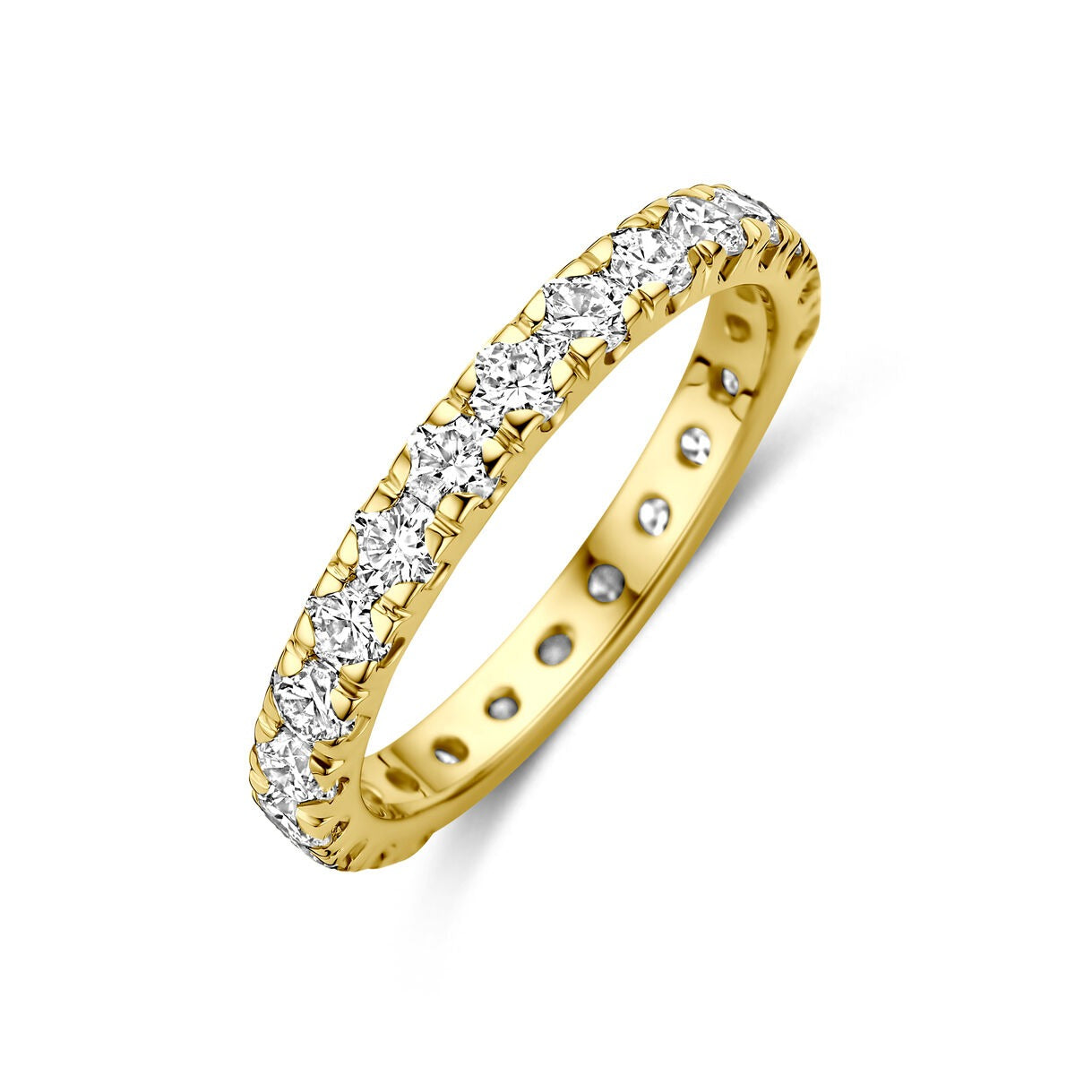 Anello in oro giallo 14k con diamanti lab-grown, design sottile e brillante.