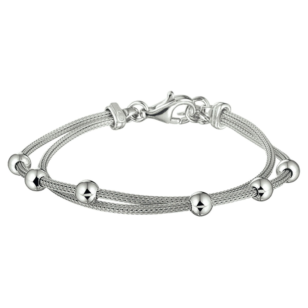 Bracciale in argento 925 rodiato con sfere, composto da due catene intrecciate.