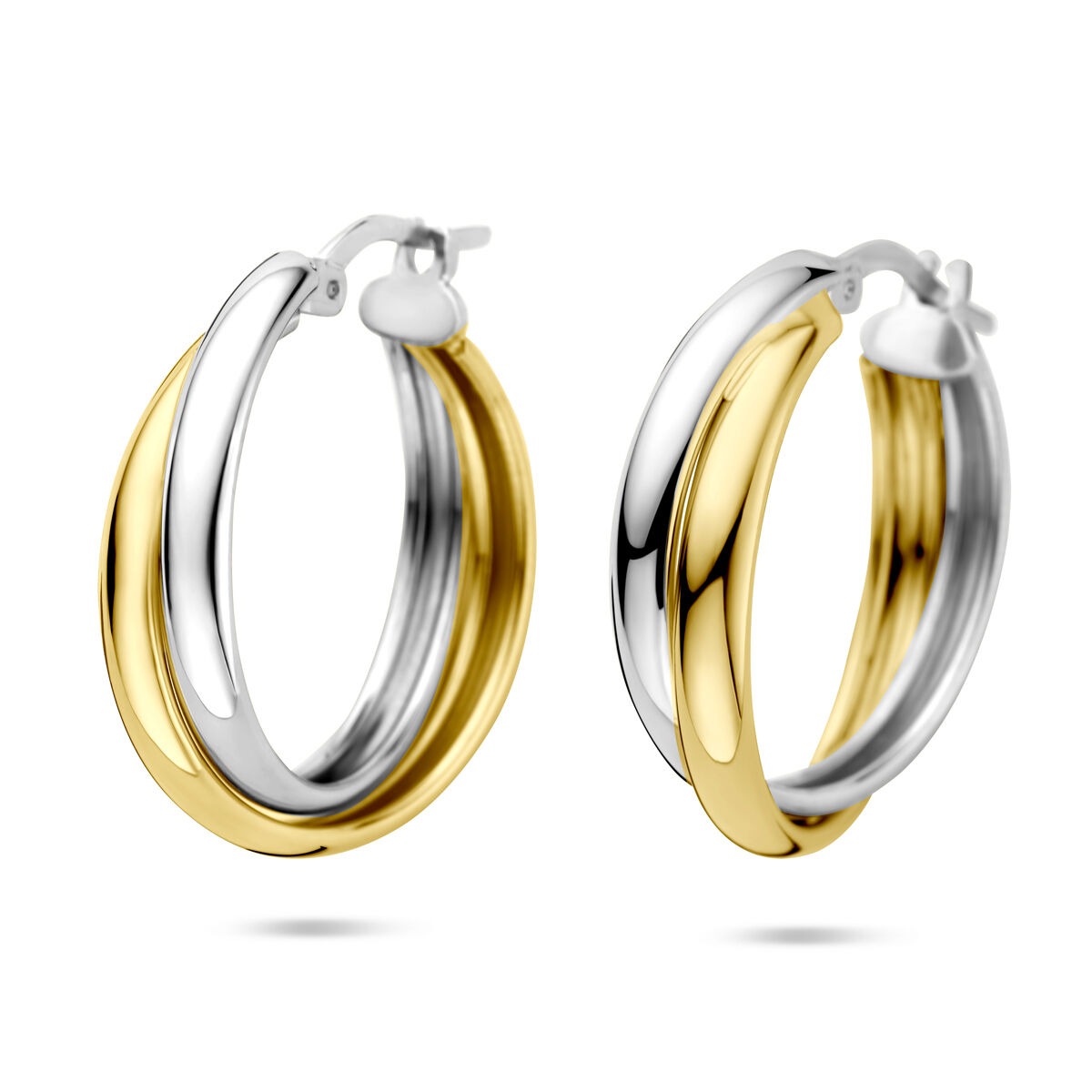 Bicolor zilveren oorringen van verguld en gerhodineerd 925 zilver, met een afmeting van 23,5x6 mm.