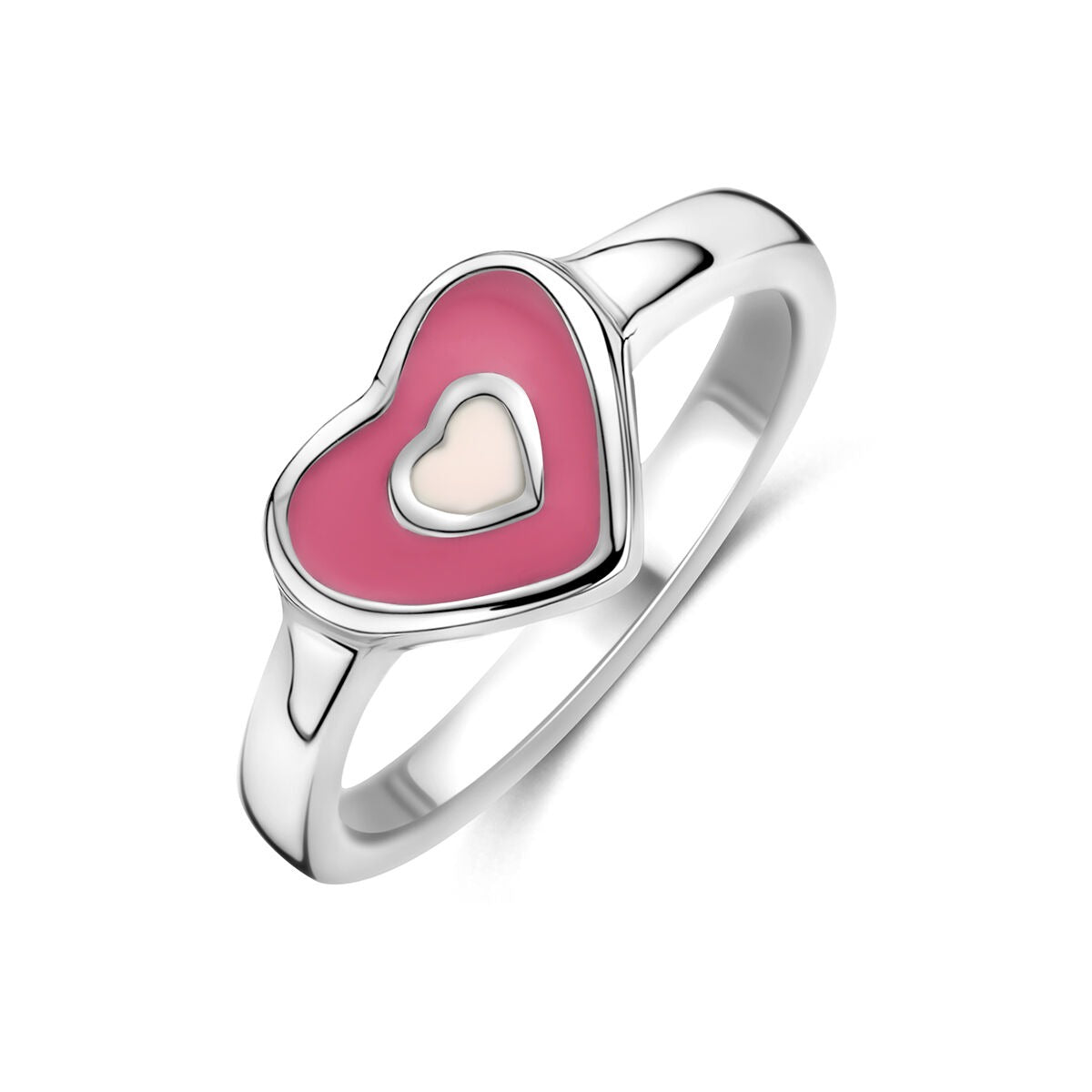 Anello in argento rodiato con cuore rosa e piccolo cuore bianco al centro.