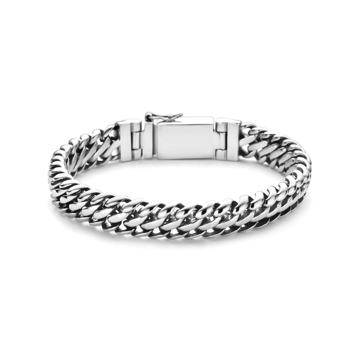Geoxideerde zilveren heren armband met dubbele gourmet schakel van 11 mm, glanzende afwerking en stevige sluiting.