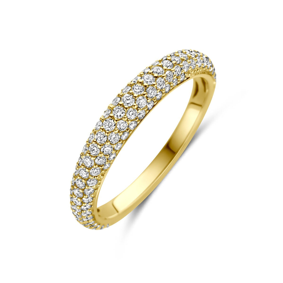 Anello in oro giallo 14k con diamanti incastonati.