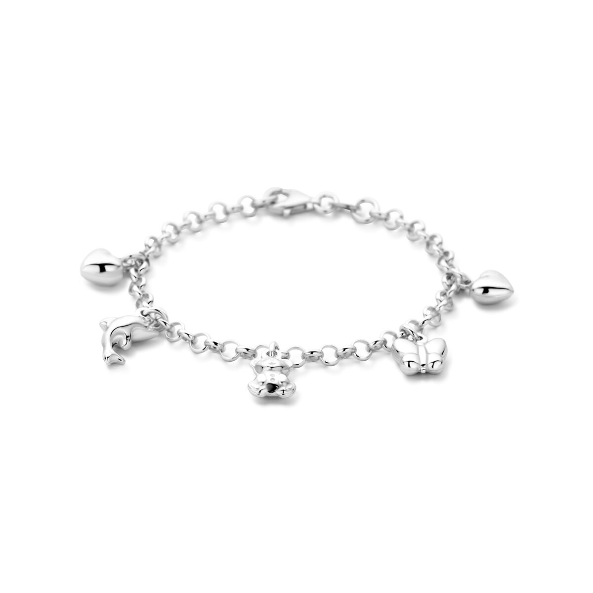 Bracciale argentato per bambini con cinque charm, inclusi un cuore e una campanella.