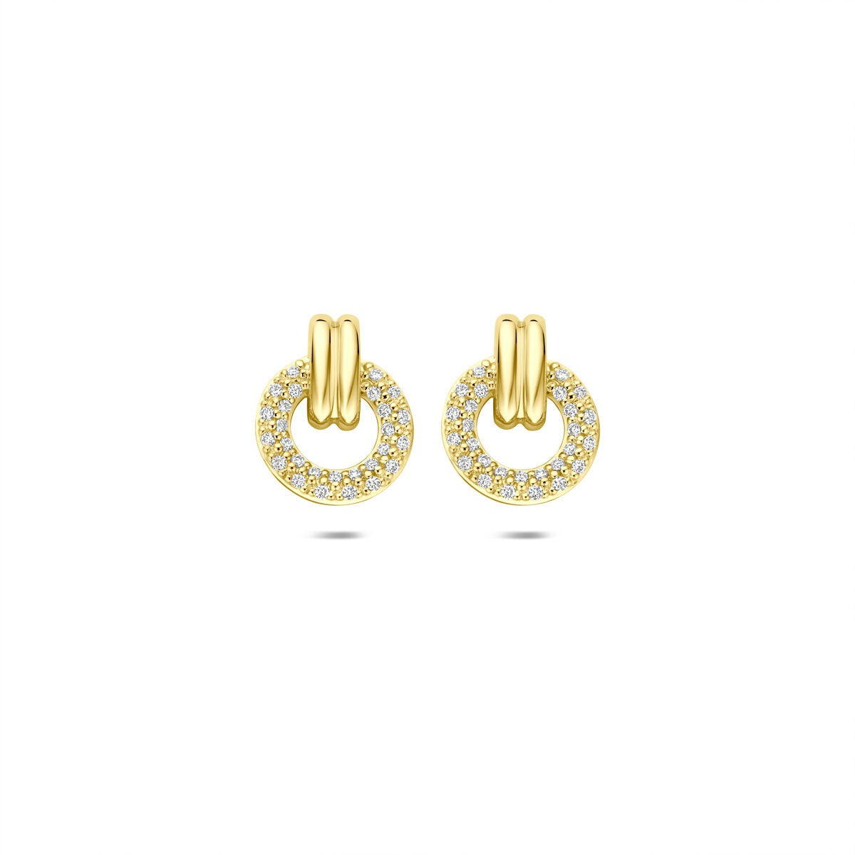 Orecchini in oro 14k con diamante taglio brillante, forma circolare con dettagli scintillanti.