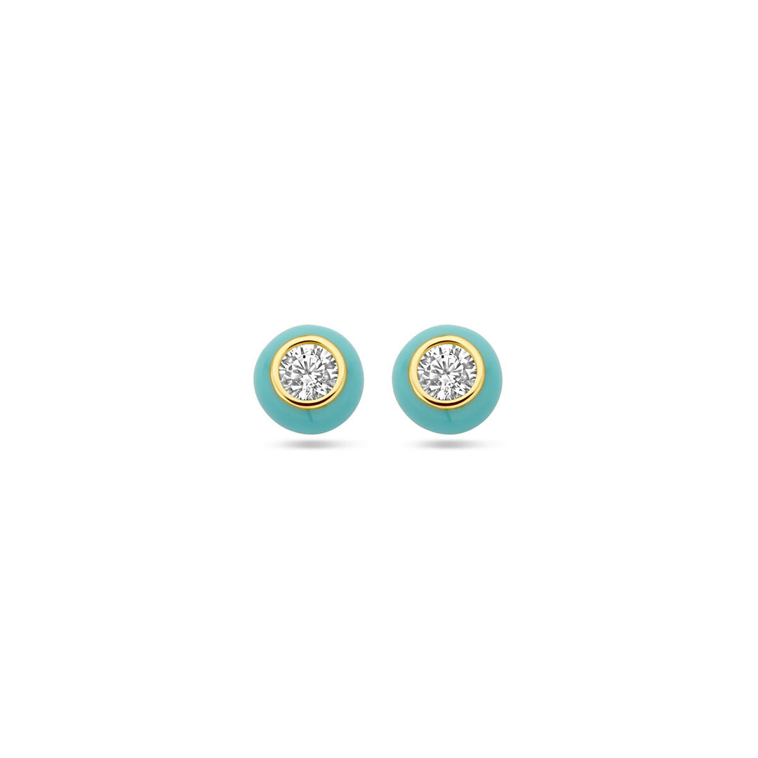 Vergulde zilveren oorknopjes met turquoise emaille en zirkonia