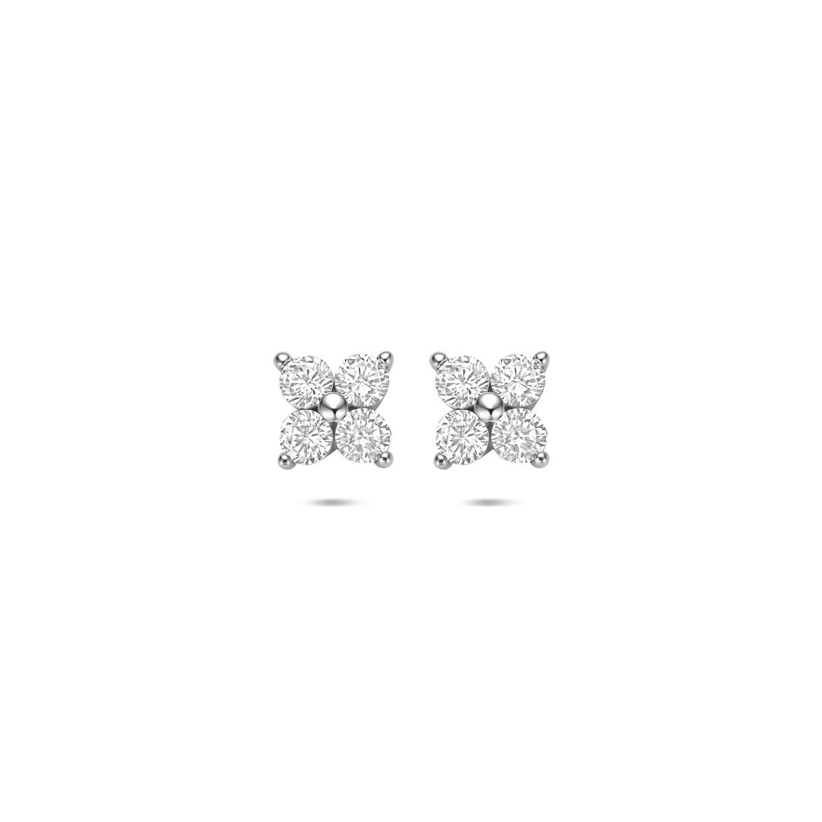 Orecchini in argento rodiato 925 con zirconi, a forma di fiore con petali brillanti.