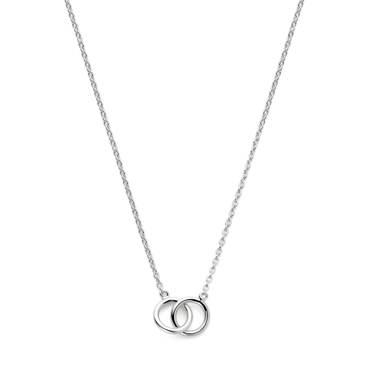 Collana da donna in argento con cerchi, finitura rodiata e catena a maglia rolò.