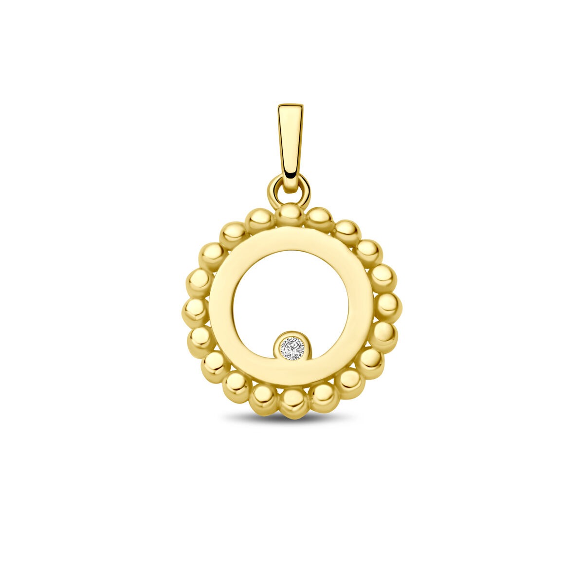 Ciondolo rotondo in oro giallo 9k con zircone, decorato con perline.