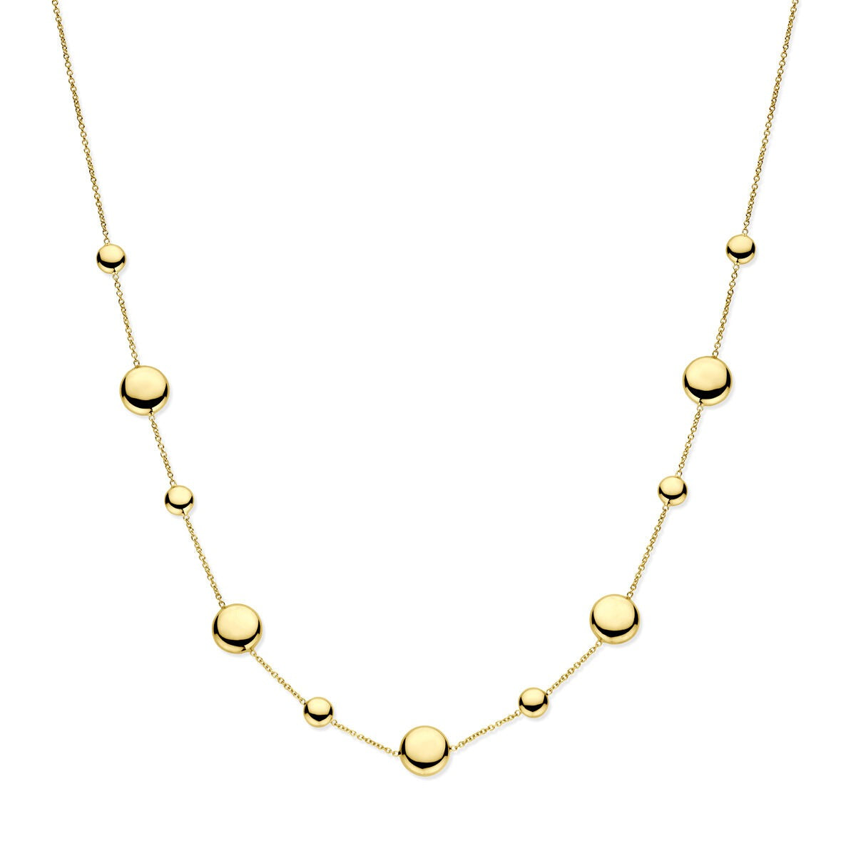 Collana da donna in oro giallo 14k con pendenti rotondi, lunghezza 42-45 cm.