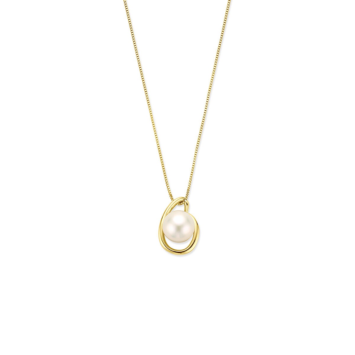 Geelgouden collier met een enkele parel in een organische, golvende setting.