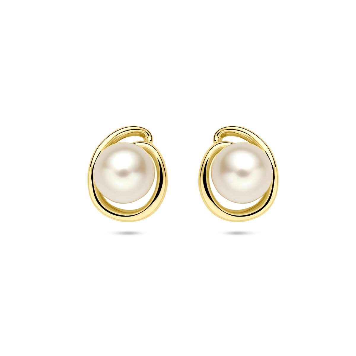 Orecchini in oro giallo 14k con perle di 8 mm, design avvolgente.