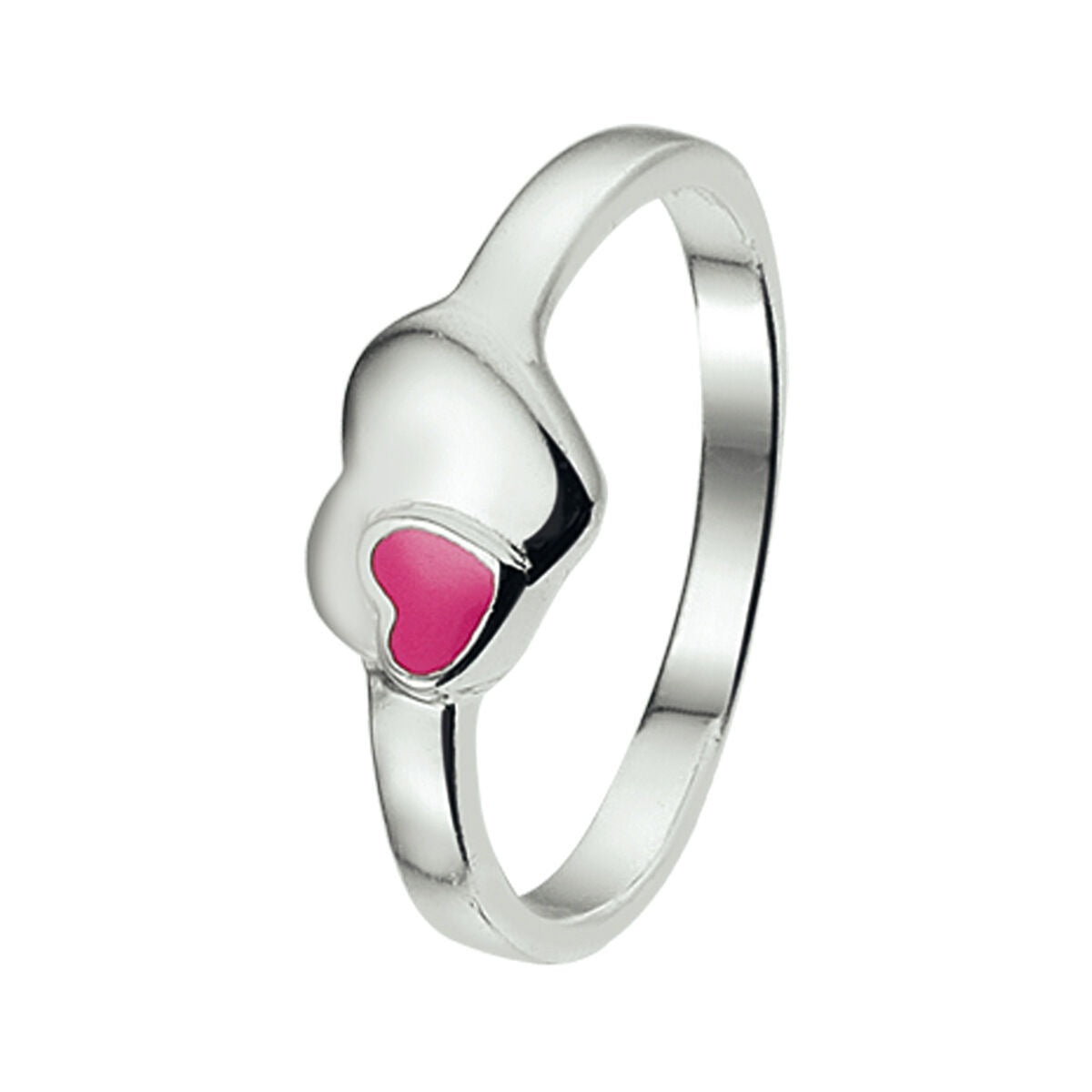 Anello in argento rodiato con cuore in smalto rosa.