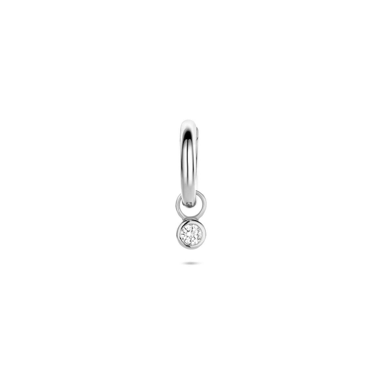 Orecchino in argento rodiato con zircone, forma rotonda e pendente.