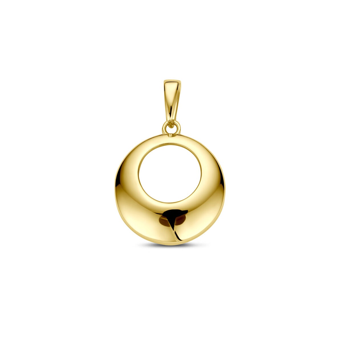 Ciondolo in oro giallo 14k, forma rotonda con un'apertura centrale e finitura lucida.