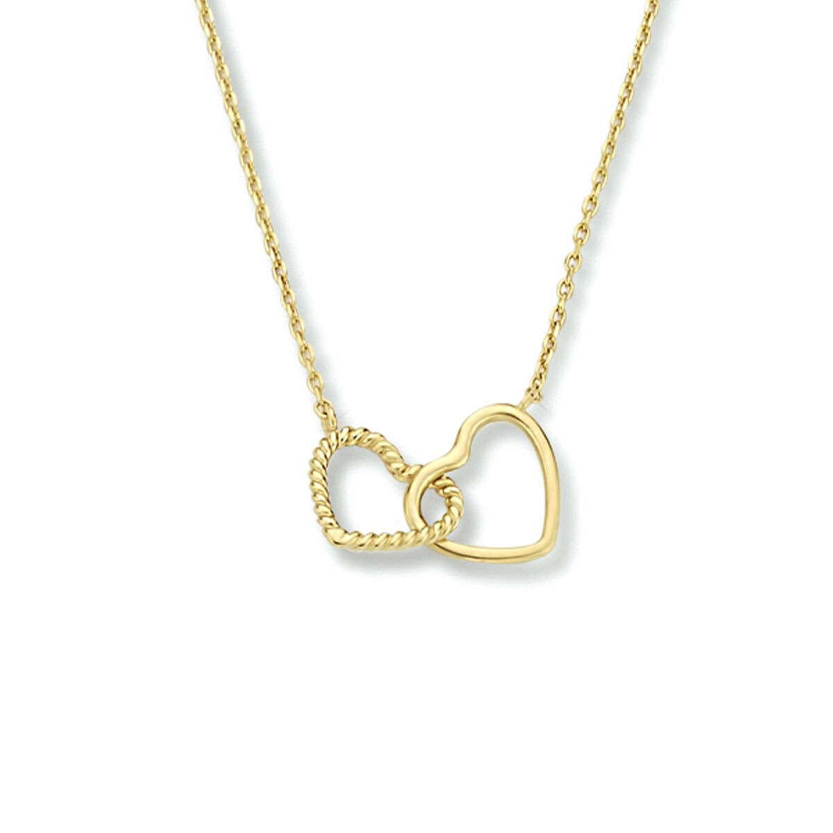 Geelgouden damesketting met twee hartjes, één glad en één met een geribbelde afwerking.