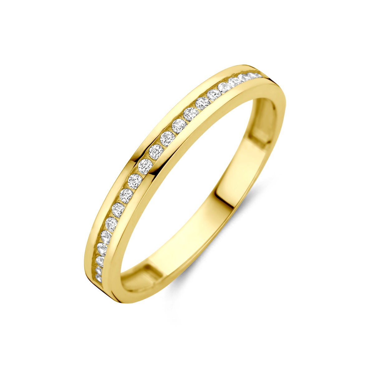 Anello in oro giallo 14k con zirconi, montatura a band, larghezza 2,5 mm.