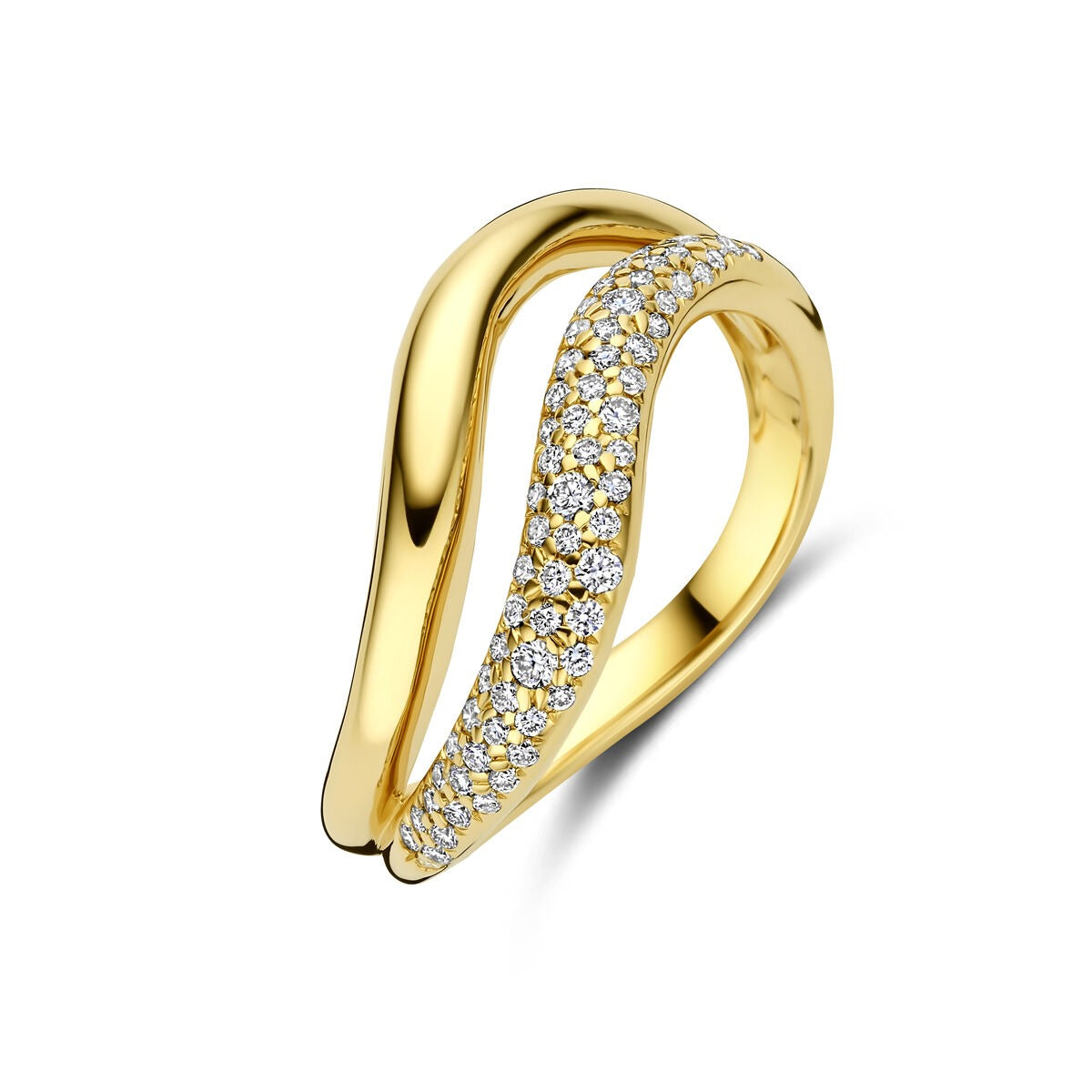 Anello in oro giallo 14k con diamanti da 0,32 ct, design ondulato.