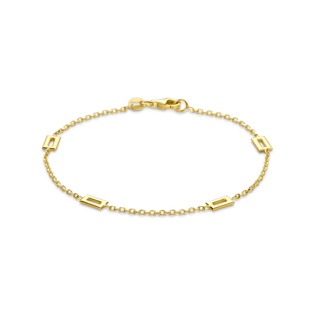 Bracciale in oro giallo 14k con maglie decorative e chiusura a moschettone.