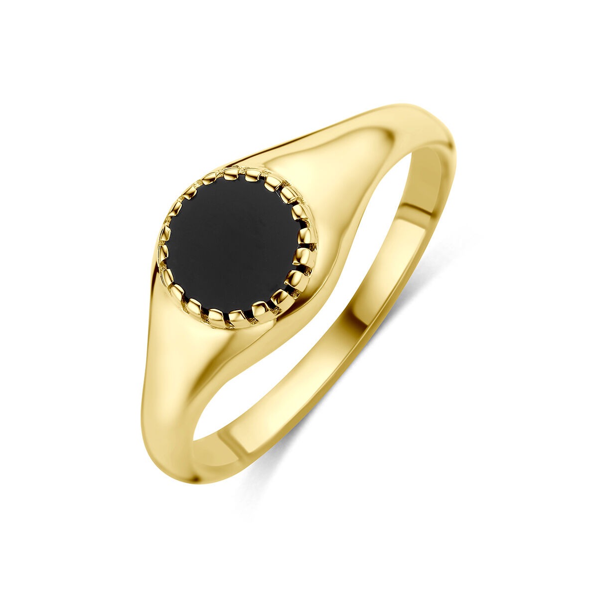 Anello in oro giallo 9k con onice, forma ovale con finitura lucida e dettagli scanalati.