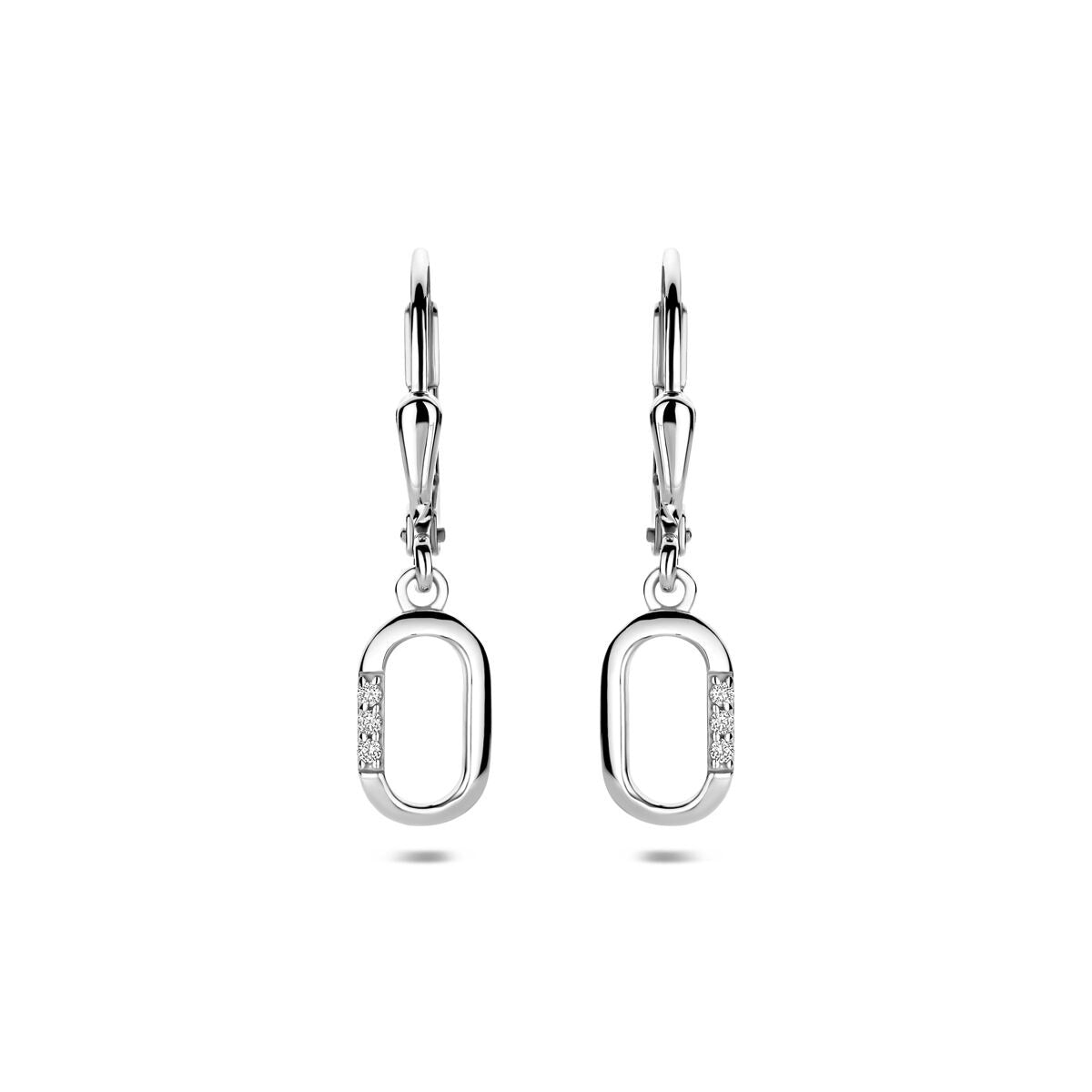 Orecchini argentati con zirconi, design a entourage, lunghezza 25 mm.