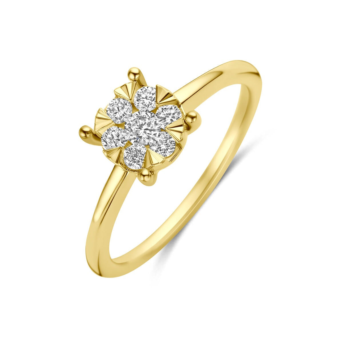 Anello in oro giallo 14k con diamante lab-grown a forma di fiore.