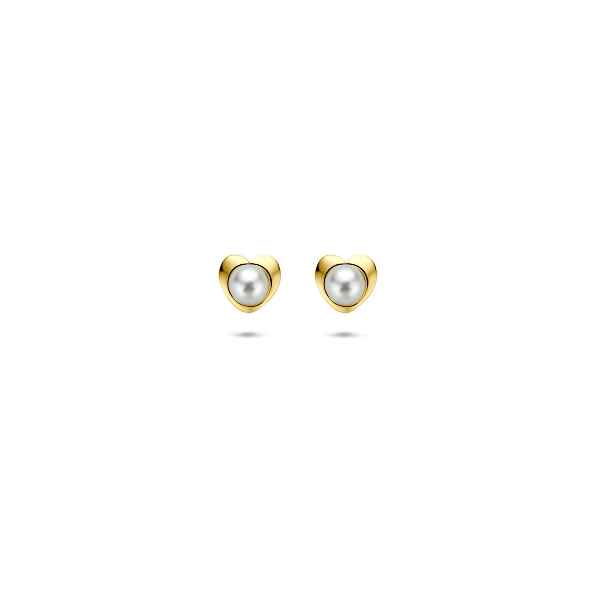 Orecchini in oro giallo 14k con perla di 4,5 mm, design a forma di cuore.