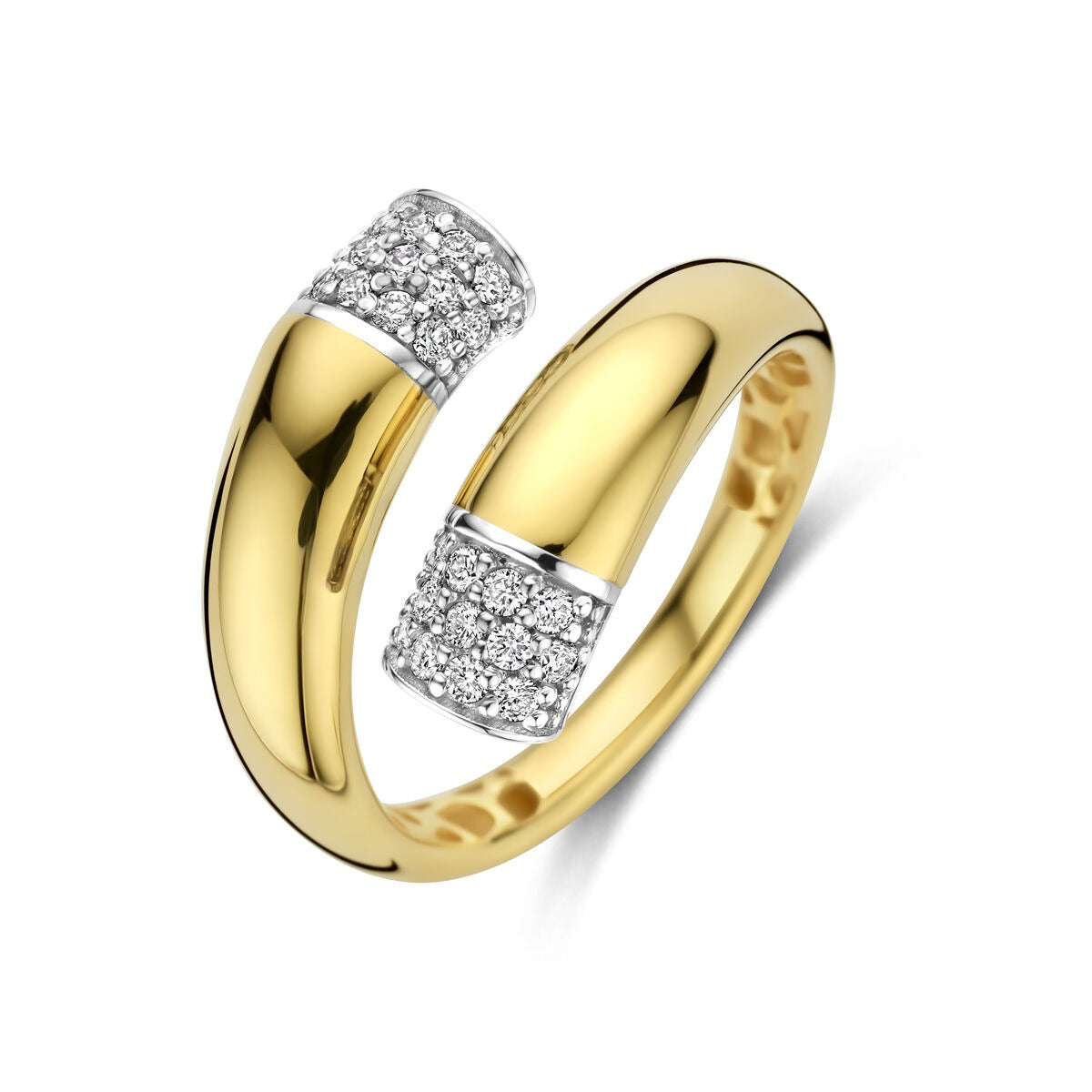 Anello bicolore in oro 14k con diamanti, largo 16 mm, design ondulato.