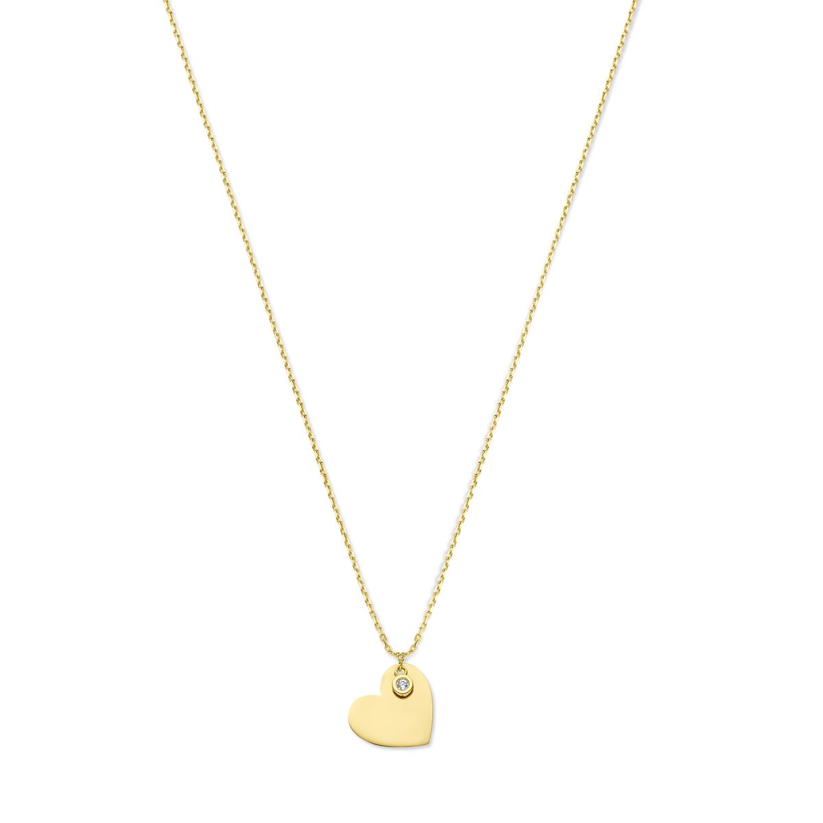 Collana in oro giallo 14k con ciondolo a forma di cuore e zircone.