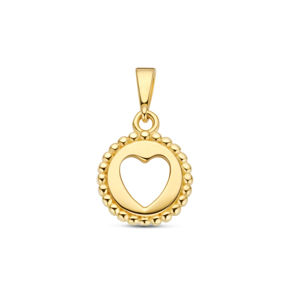 Ciondolo a forma di cuore in oro giallo 9k con bordo decorato.