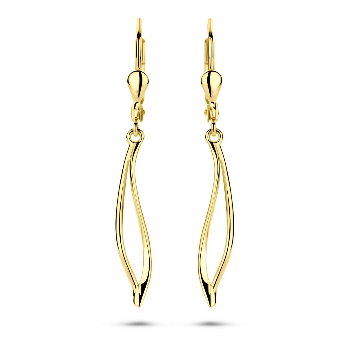 Orecchini in oro giallo 14k con gancio brisur, design ondulato e lucido.