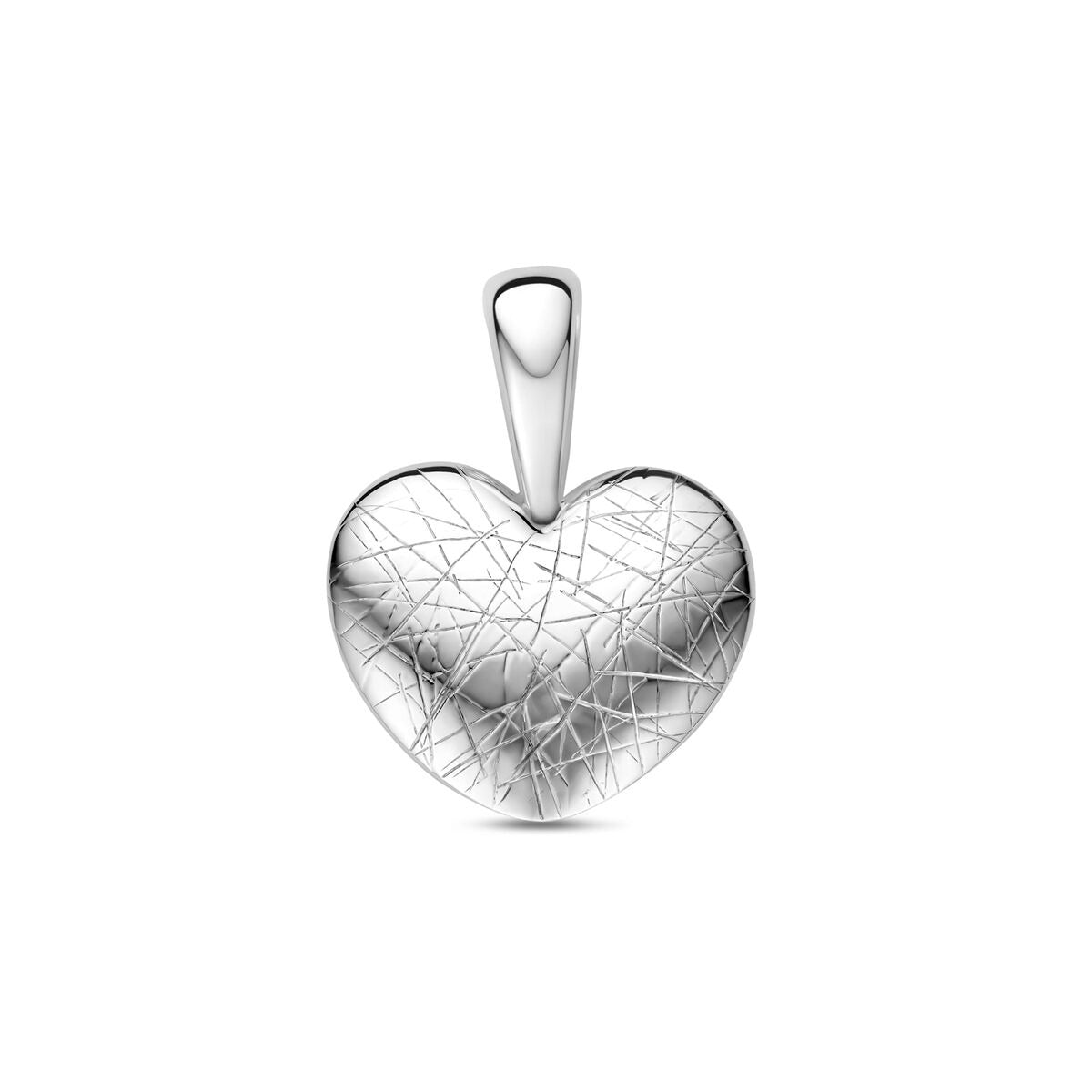 Ciondolo a forma di cuore in argento 925 rodiato con finitura incisa.