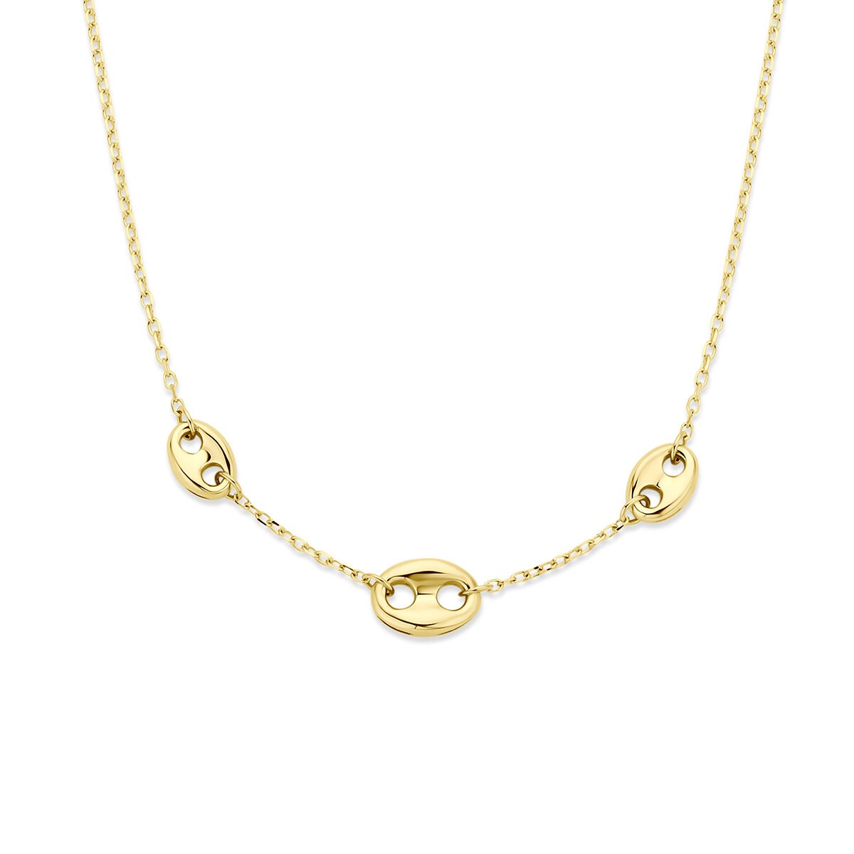 Geelgouden ketting met koffieboonvormige schakels en kleine openingen.