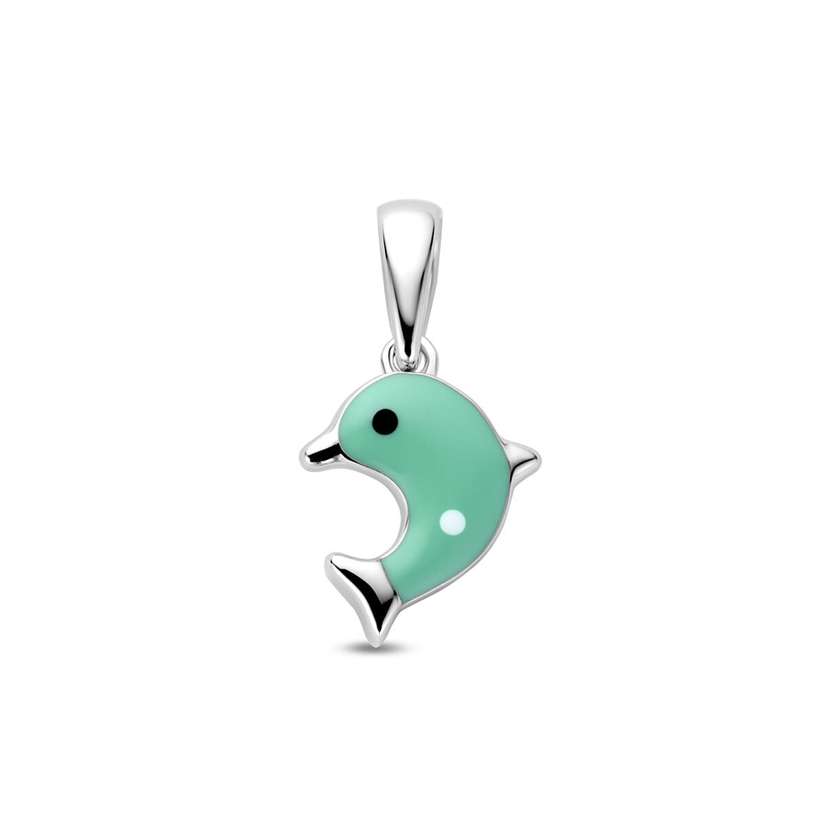 Ciondolo per bambini a forma di delfino in argento 925 rodiato con smalto verde.