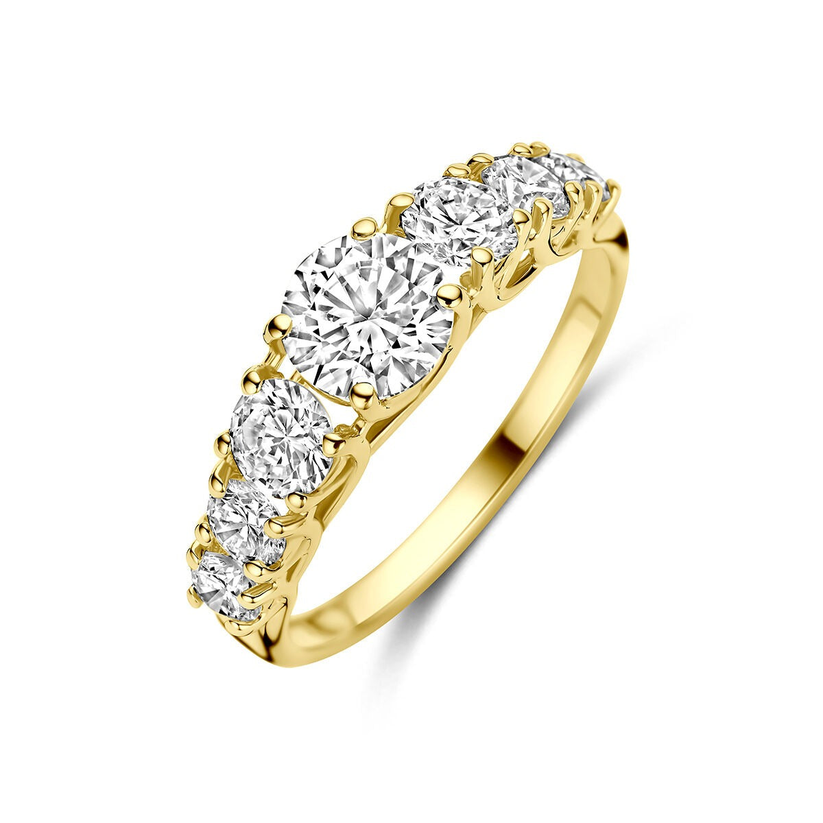 Anello in oro giallo 14k con diamanti lab-grown, design con pietre rotonde.