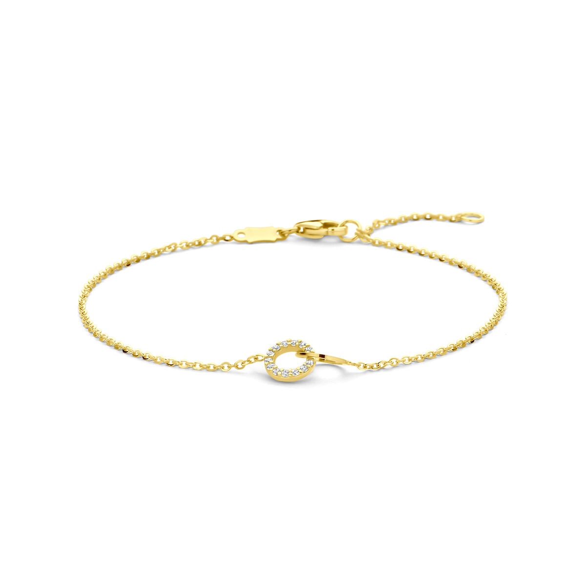 Bracciale da donna in oro giallo 14k con zircone, design sottile e chiusura a moschettone.