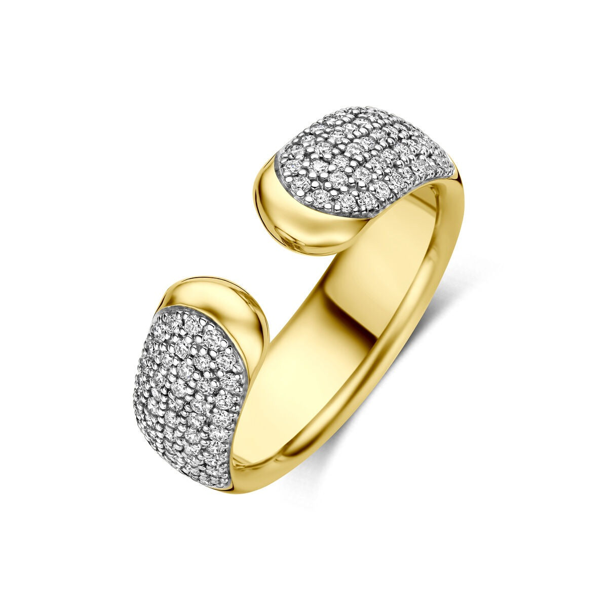 Anello in oro giallo 14k con diamanti incastonati su entrambe le estremità.