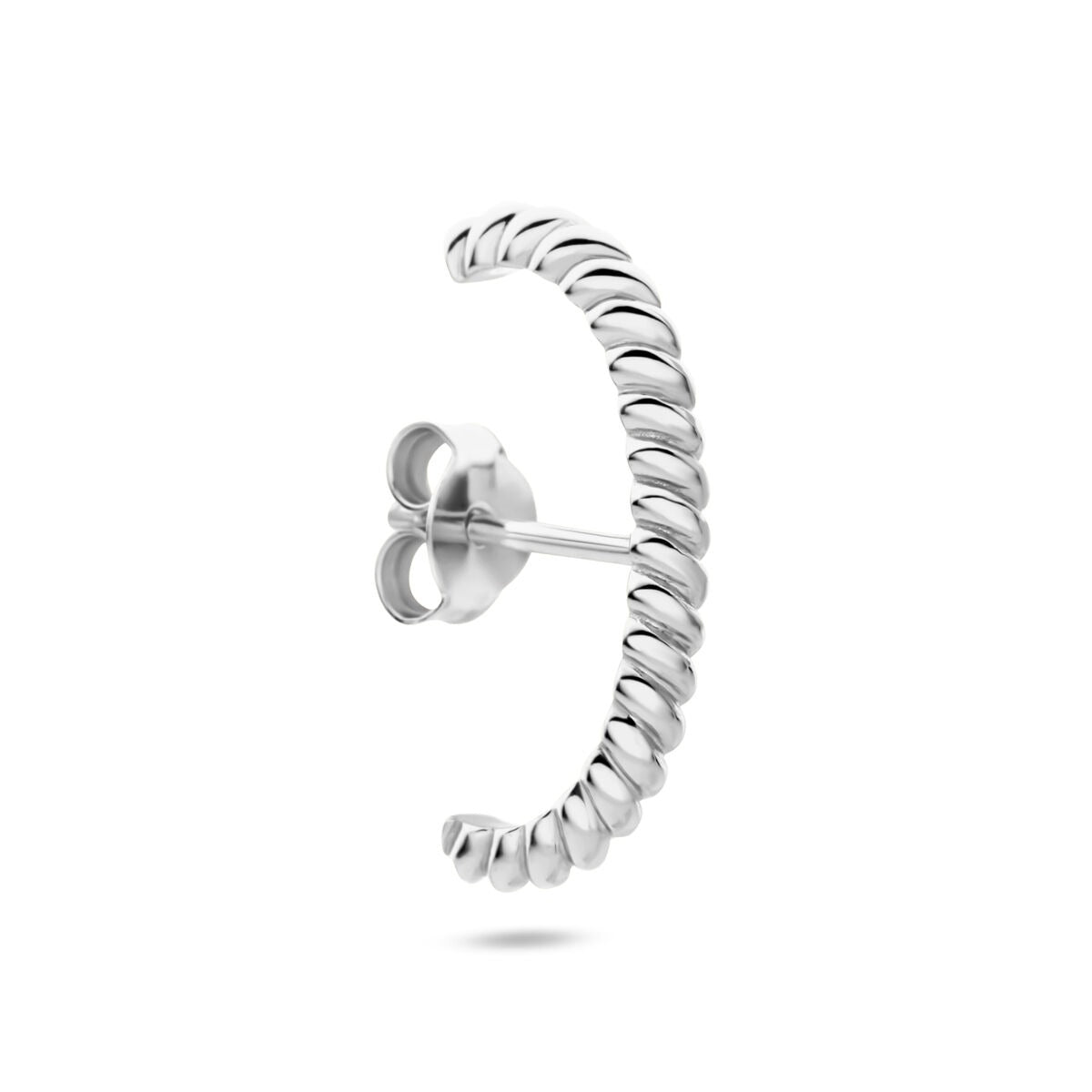 Orecchino sospeso in argento 925 rodiato, con design intrecciato e forma curva.