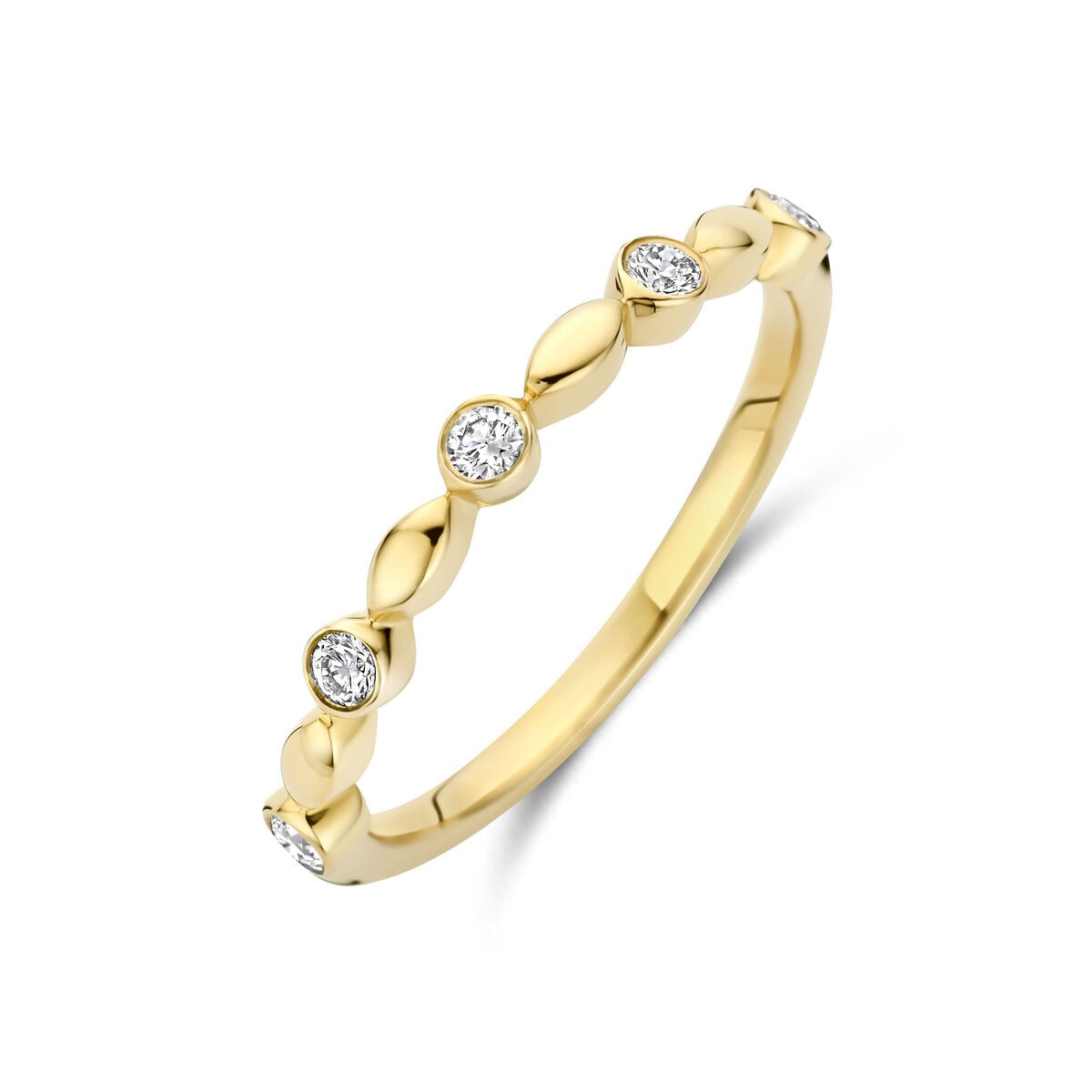 Anello in oro giallo 14k con diamanti lab-grown da 0,13 ct, design ondulato.