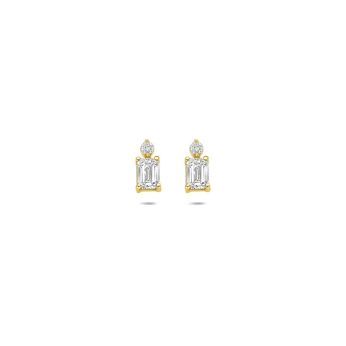 Orecchini a bottone in oro giallo 14k con diamante lab-grown, design rettangolare.