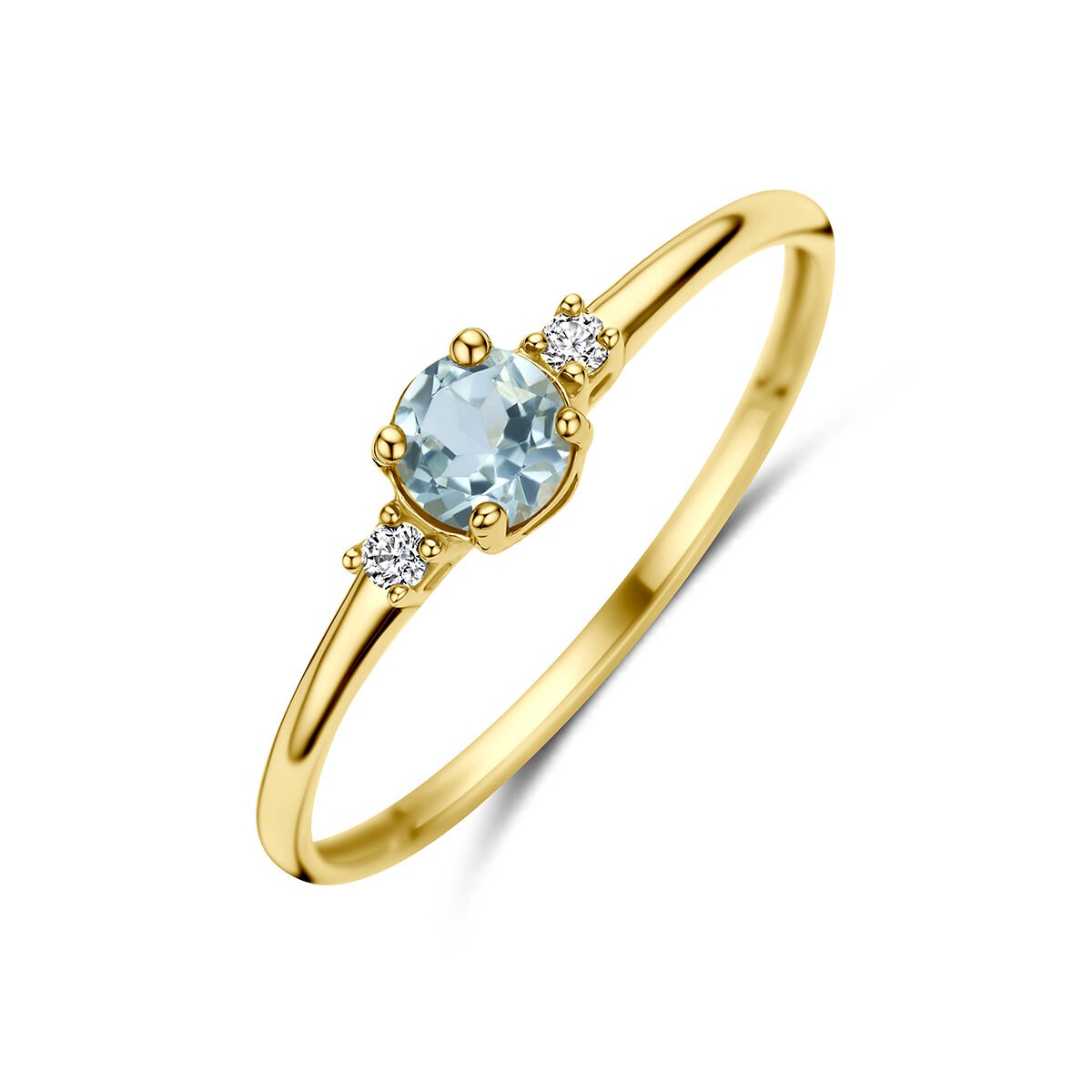 Anello in oro giallo 14k con topazio blu e zirconi.