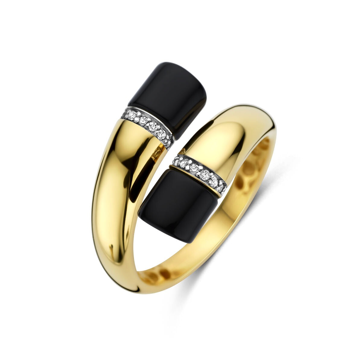 Anello da donna in oro giallo 14k con onice e diamanti, largo 16 mm.