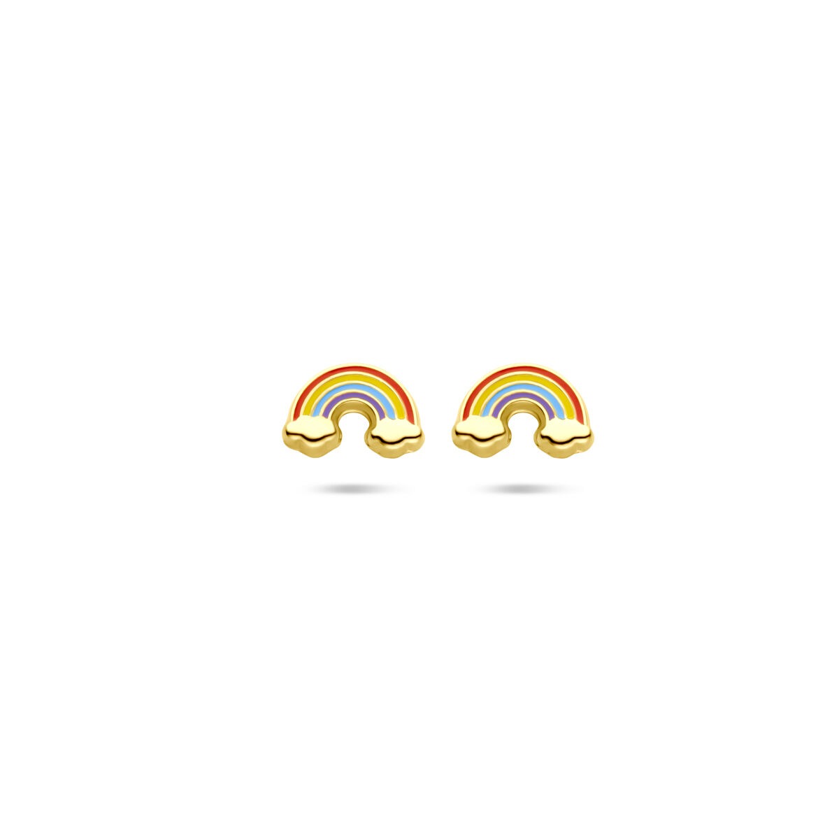 Orecchini in oro giallo 14k a forma di arcobaleno con dettagli colorati.