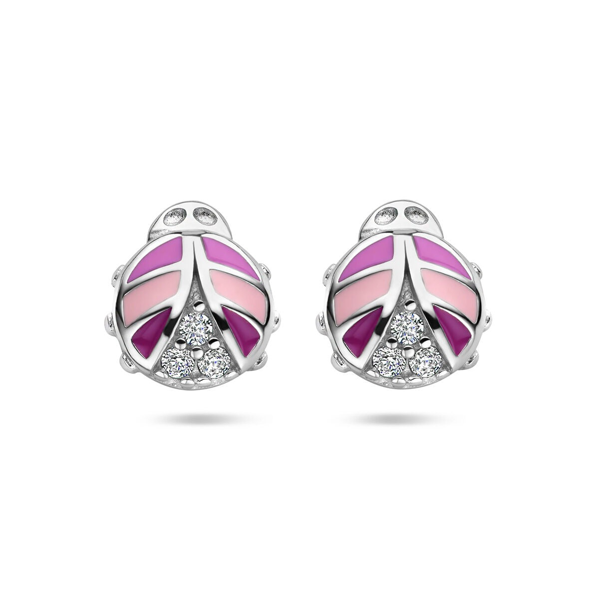 Orecchini a forma di coccinella in argento 925 rodiato, con dettagli in smalto rosa e zirconi.