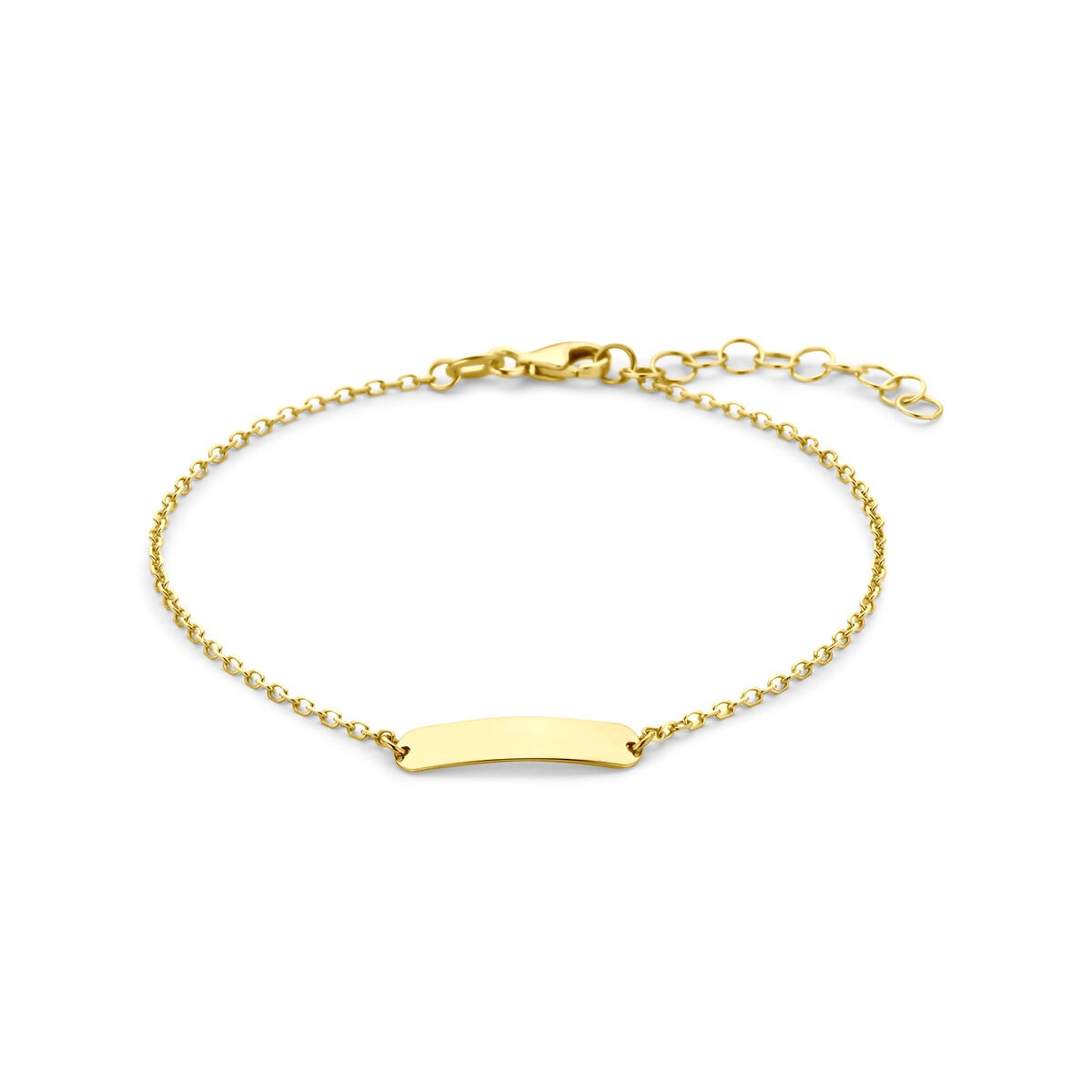Bracciale in oro giallo 9 carati con piastrina liscia e catena a maglia rolò.