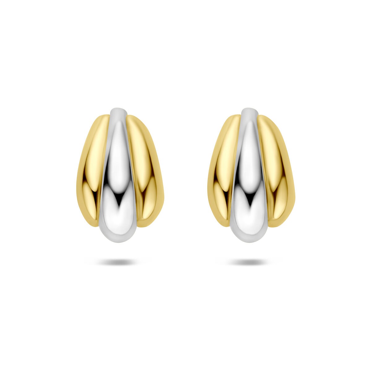 Orecchini a stecca in argento 925 placcato oro e rodiato, forma ovale, dimensioni 16,5 x 10 mm.