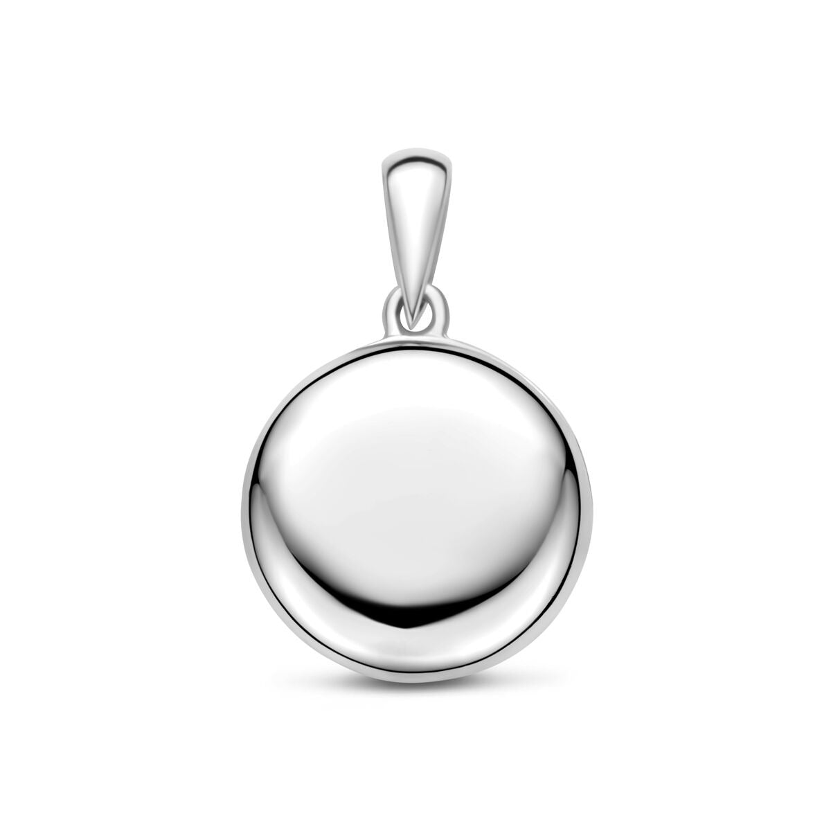 Ciondolo rotondo in argento 925 rodiato con finitura lucida.