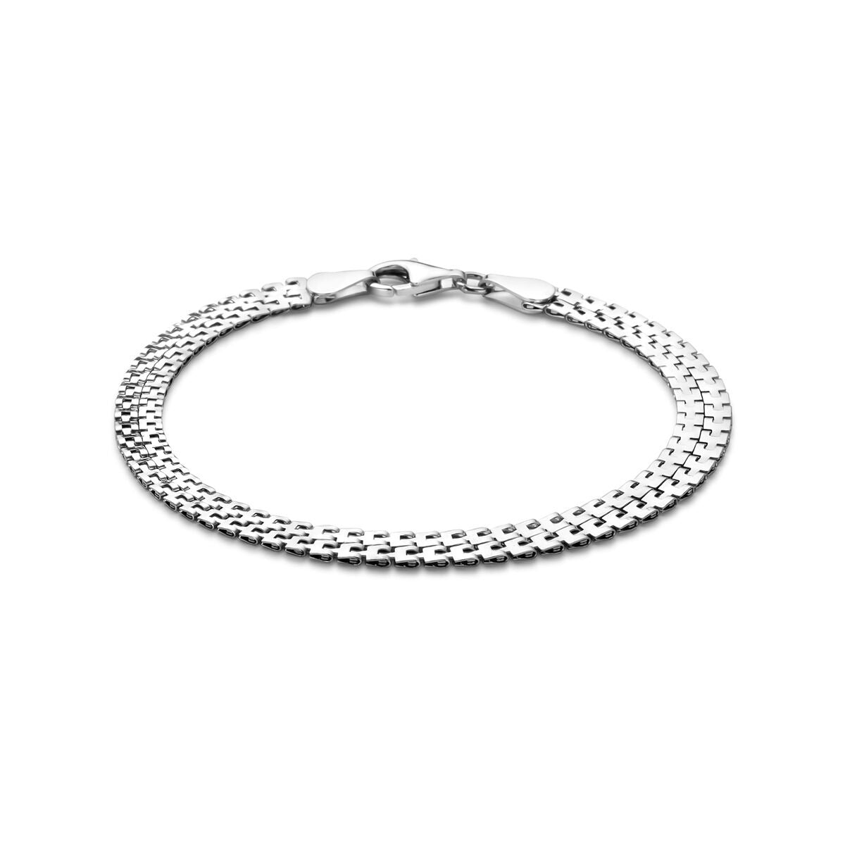 Zilveren armband met gerhodineerde afwerking en een fantasie schakel van 5 mm, lengte 18 cm.