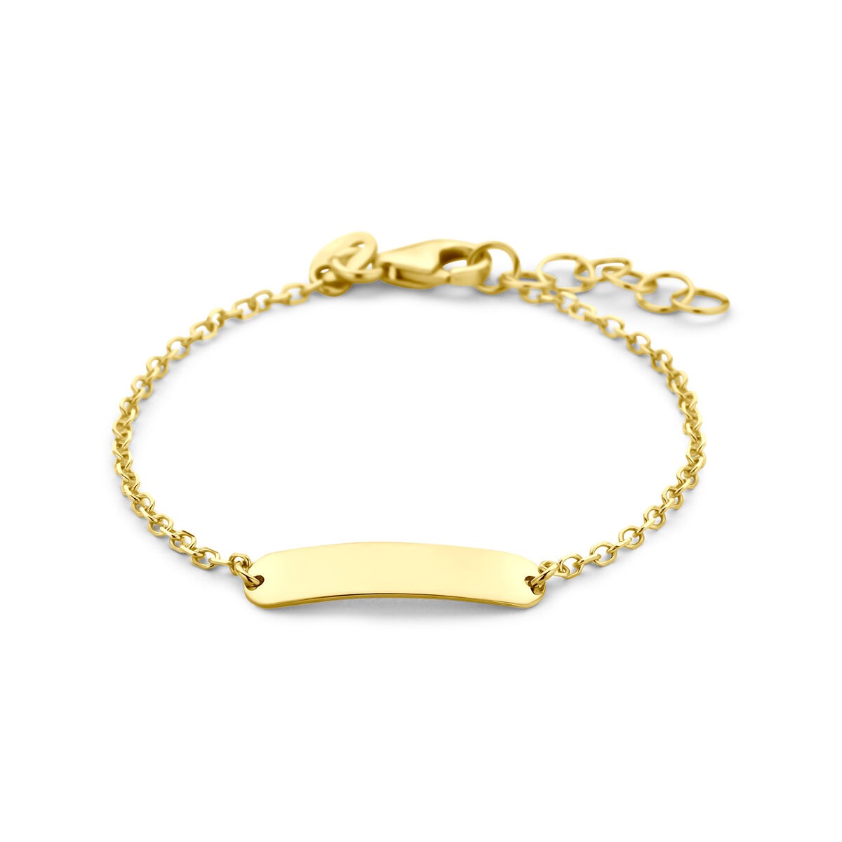 Bracciale in oro giallo 9k con piastra per incisione e catena fine.