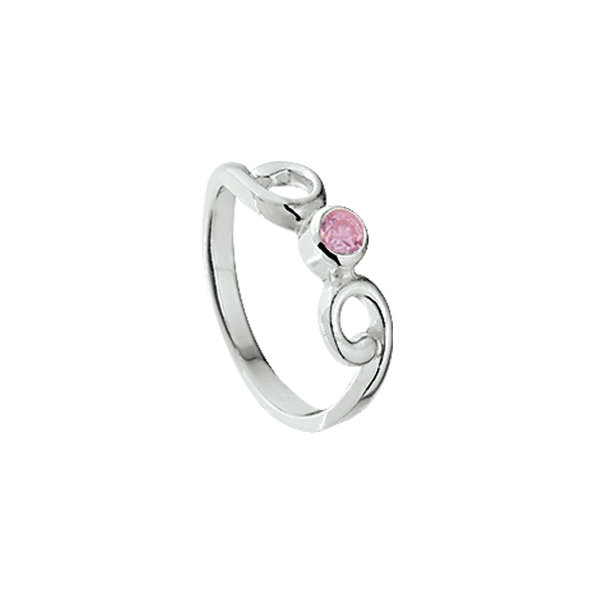 Zilveren ring met een roze zirkonia en een sierlijke, golvende vorm.