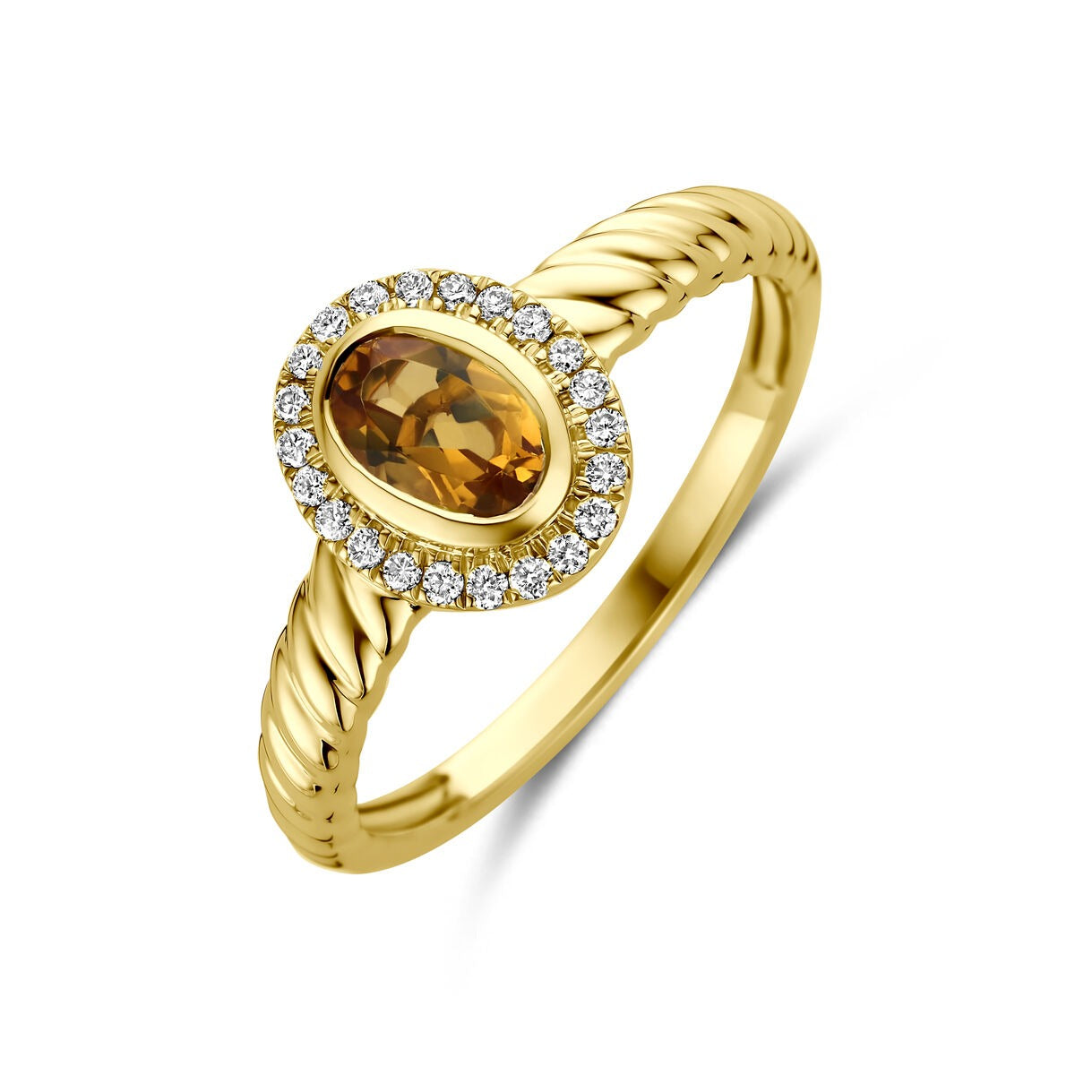 Anello in oro giallo 14k con citrino ovale e diamanti lab-grown incastonati.